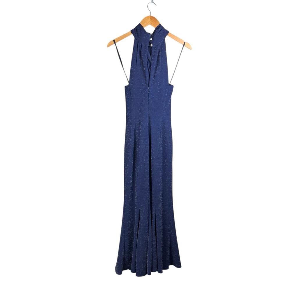 Tahari ASL Navy Sparkle Crossover Halter Slim Maxi Formal Cocktail Dress Gown - Picture 8 of 9